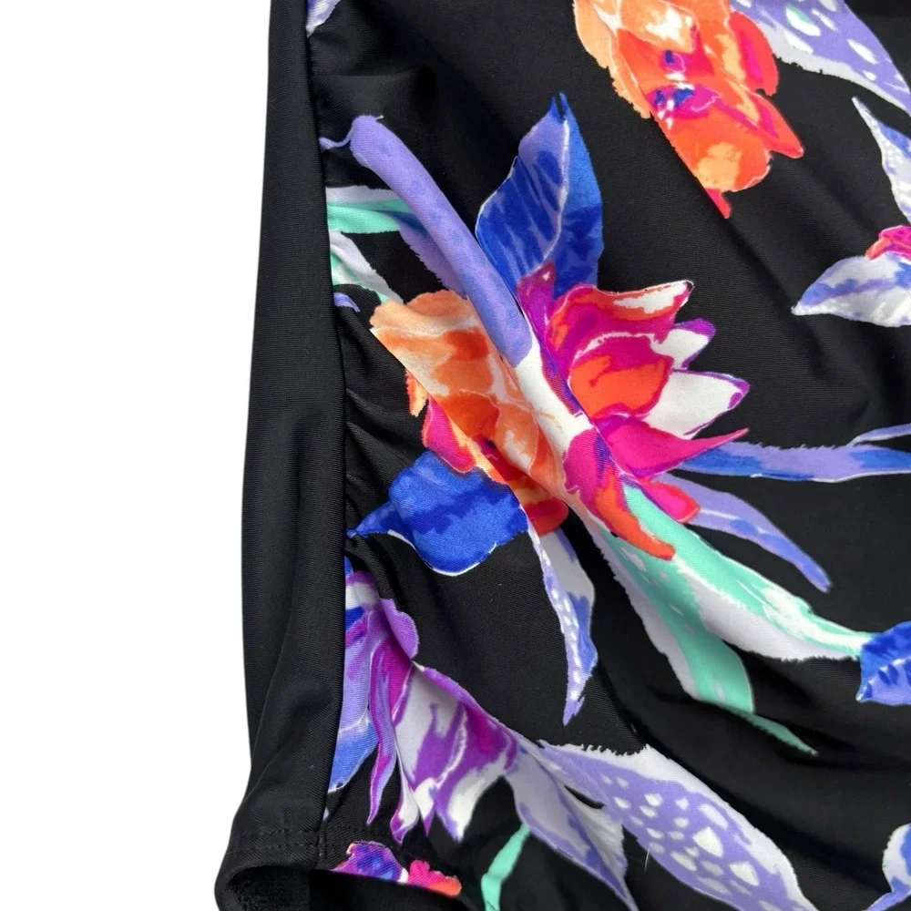 St Johns Bay Women's Swimsuit 12 Black Floral Halter Slimming One Piece